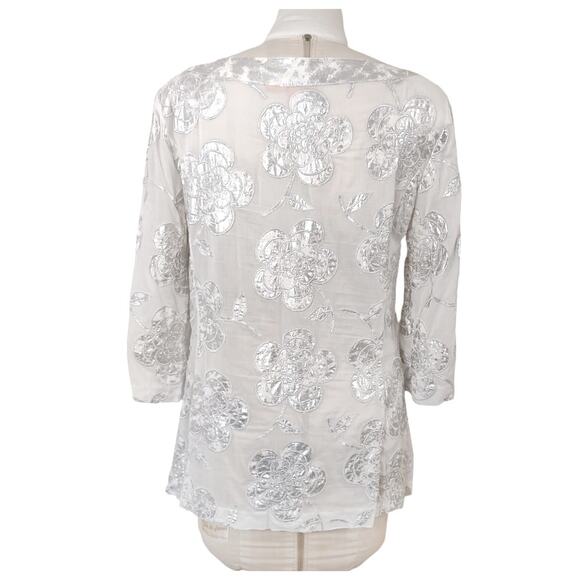 TORY BURCH White Cotton Tunic Metallic Silver Floral Embroidery Top Size L Clean - Picture 2 of 9